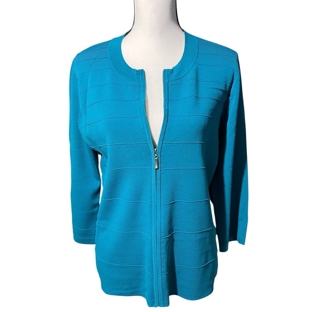 Spense Teal Blue Knit Zip Up Cardigan, 3/4 length sleeve, size XL